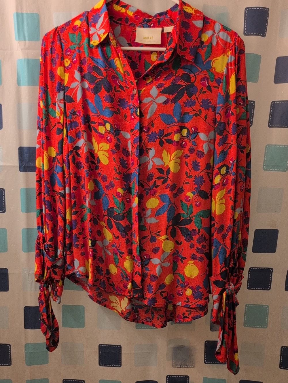 Maeve Red Floral Button-Down Shirt with Multi-Color Print